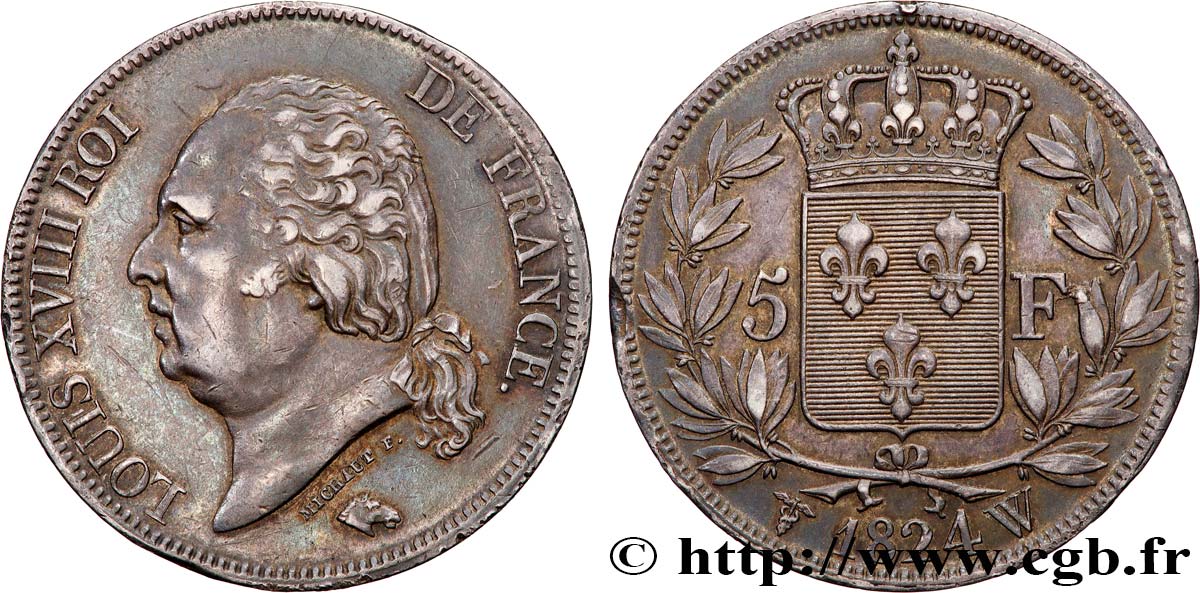 5 francs Louis XVIII, tête nue 1824 Lille F.309/98 MBC 