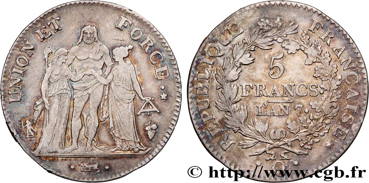 5 francs Union et Force, Union serré, seulement gland extérieur, petite feuille 1799 Perpignan F.288/119 VF 