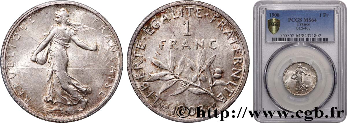 1 franc Semeuse 1908 Paris F.217/13 SC64 PCGS