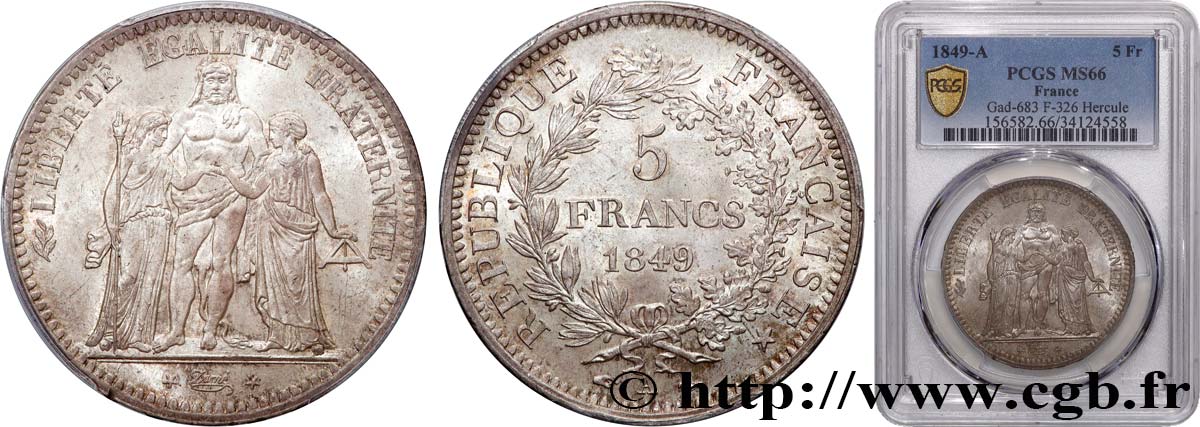 5 francs Hercule, IIe République 1849 Paris F.326/5 FDC66 PCGS