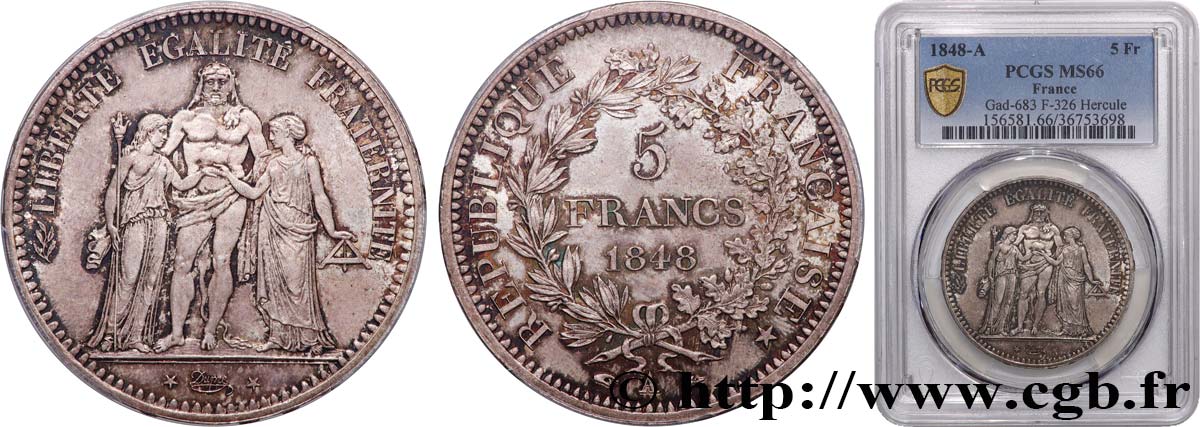 5 francs Hercule, IIe République 1848 Paris F.326/1 FDC66 PCGS