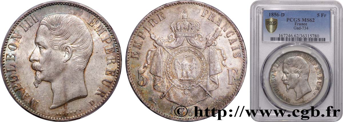 5 francs Napoléon III, tête nue 1856 Lyon F.330/9 MS62 PCGS