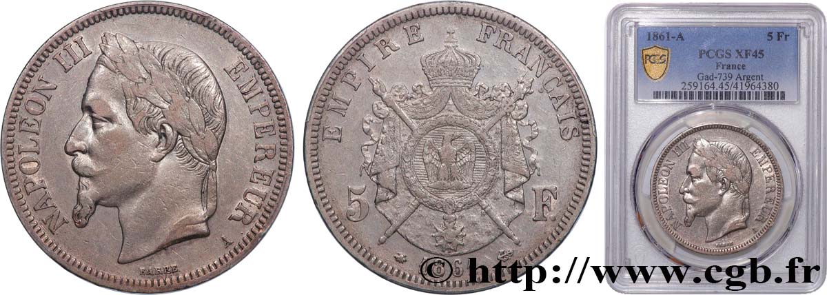5 francs Napoléon III, tête laurée, grand A 1861 Paris F.331/2 MBC45 PCGS