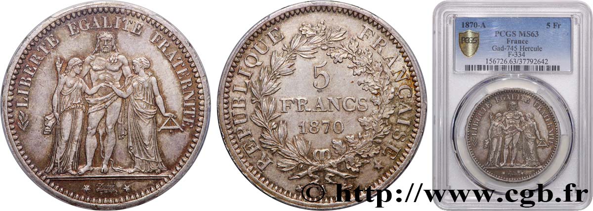 5 francs Hercule 1870 Paris F.334/1 fST63 PCGS