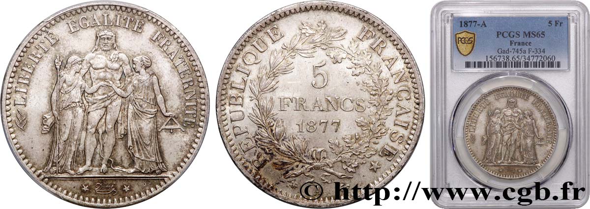 5 francs Hercule 1877 Paris F.334/19 MS65 PCGS
