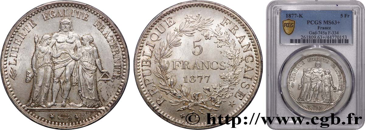 5 francs Hercule 1877 Bordeaux F.334/20 SC63 PCGS