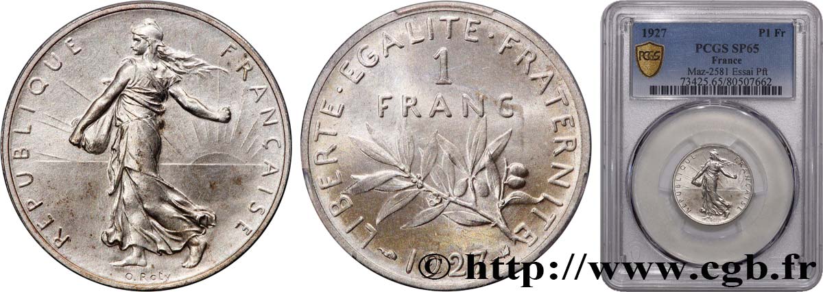 Essai-piéfort argent de 1 franc Semeuse 1927 Paris GEM.94 EP MS65 PCGS