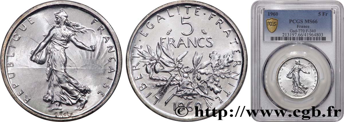 5 francs Semeuse, argent 1960 Paris F.340/4 FDC66 PCGS