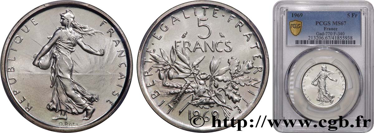 5 francs Semeuse, argent 1969 Paris F.340/13 FDC67 PCGS