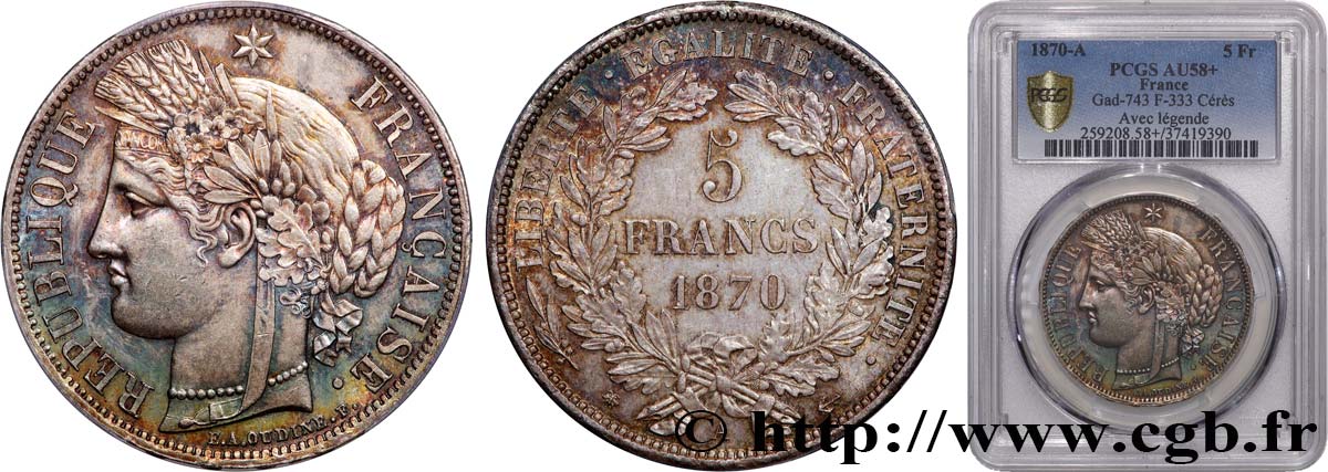 5 francs Cérès, avec légende 1870 Paris F.333/1 SUP58 PCGS