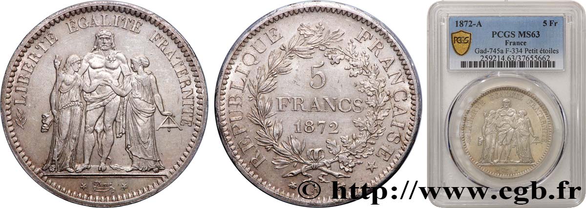5 francs Hercule, Petites étoiles 1872 Paris F.334/7 SC63 PCGS