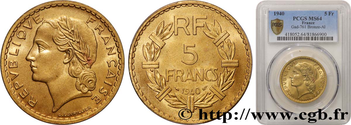 5 francs Lavrillier, bronze-aluminium 1940  F.337/4 SPL64 PCGS