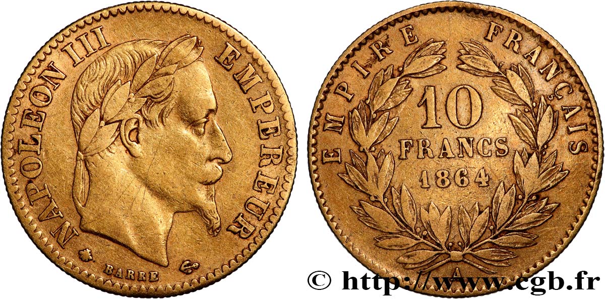 10 francs or Napoléon III, tête laurée, type définitif à grand 10 1864 Paris F.507A/6 TB