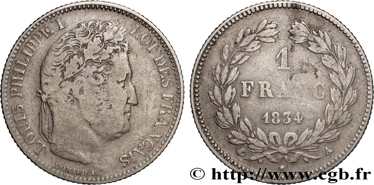 1 franc Louis-Philippe, couronne de chêne, Frappe Médaille 1834 Paris F.210/27 var. F 