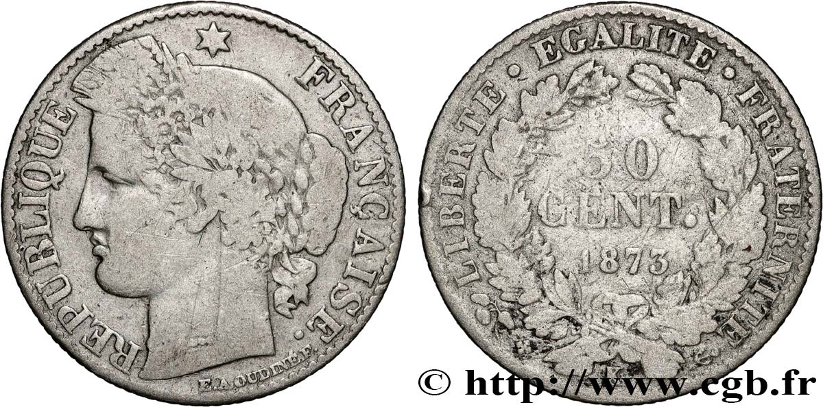 50 centimes Cérès, IIIe République 1873 Bordeaux F.189/6 VG 