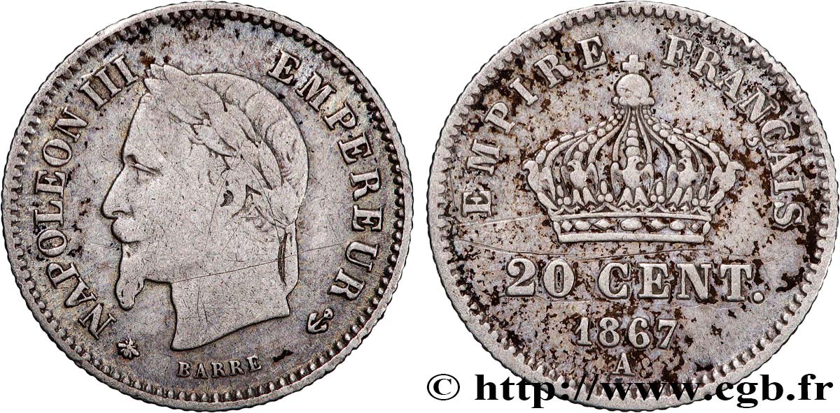 20 centimes Napoléon III, tête laurée, grand module 1867 Paris F.150/1 VF