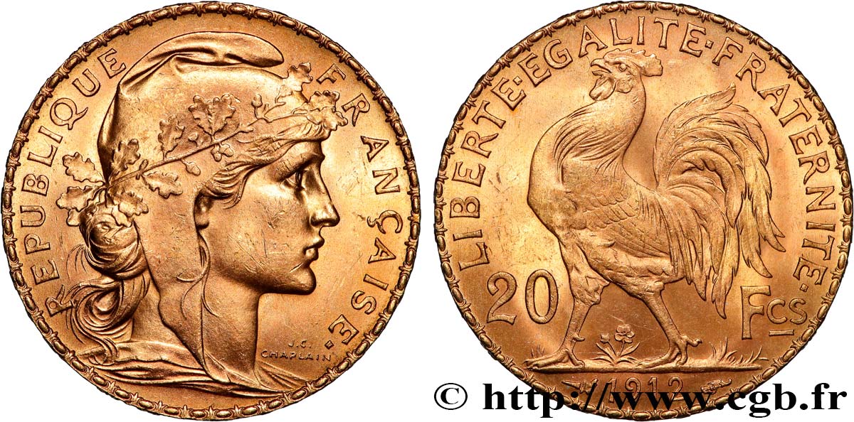 20 francs or Coq, Liberté Égalité Fraternité 1912 Paris F.535/6 VZ