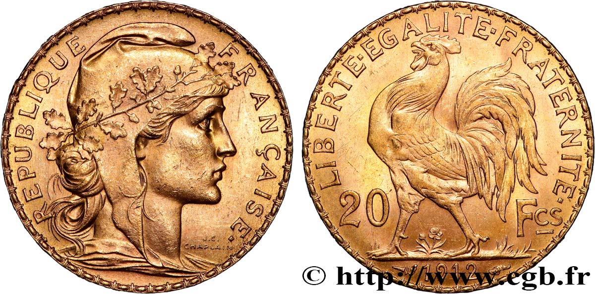 20 francs or Coq, Liberté Égalité Fraternité 1912 Paris F.535/6 SUP