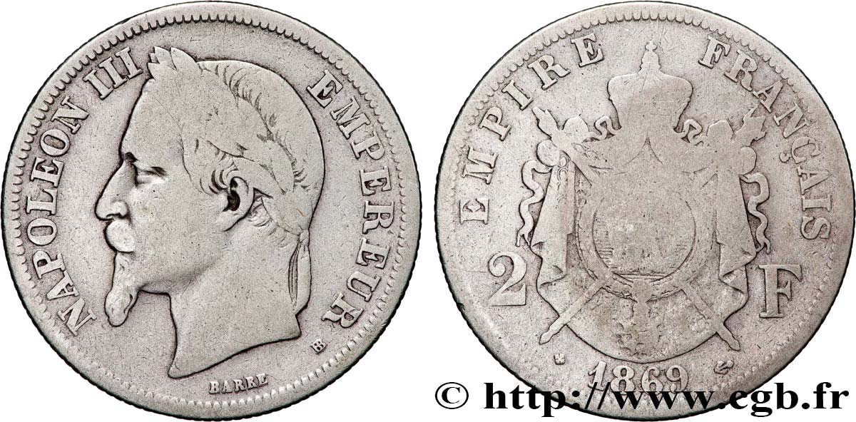 2 francs Napoléon III, tête laurée 1869 Strasbourg F.263/11 TB