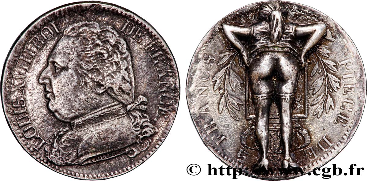 Satirique érotique au module de la 5 francs Louis XVIII, buste habillé n.d. s.l. F.308/- var. TTB 