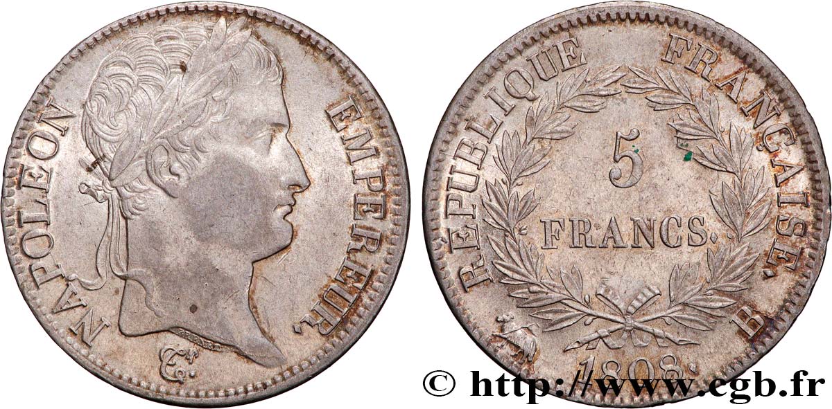 5 francs Napoléon empereur, République française 1808 Rouen F.306/3 AU 