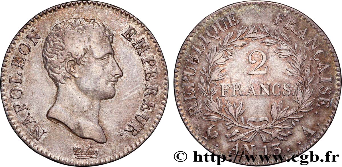 2 francs Napoléon Empereur, Calendrier révolutionnaire 1805 Paris F.251/12 q.BB 