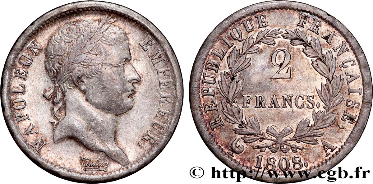 2 francs Napoléon Ier tête laurée, République française 1808 Paris F.254/4 XF 