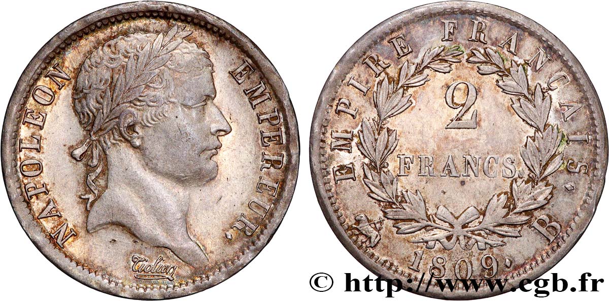 2 francs Napoléon Ier tête laurée, Empire français 1809 Rouen F.255/2 XF 