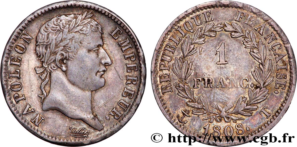 1 franc Napoléon Ier tête laurée, République française 1808 Nantes F.204/13 TTB+ 