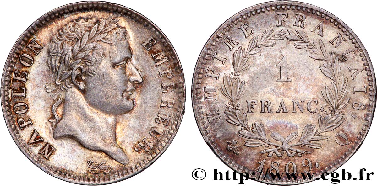 1 franc Napoléon Ier tête laurée, Empire français 1809 Perpignan F.205/9 fVZ 