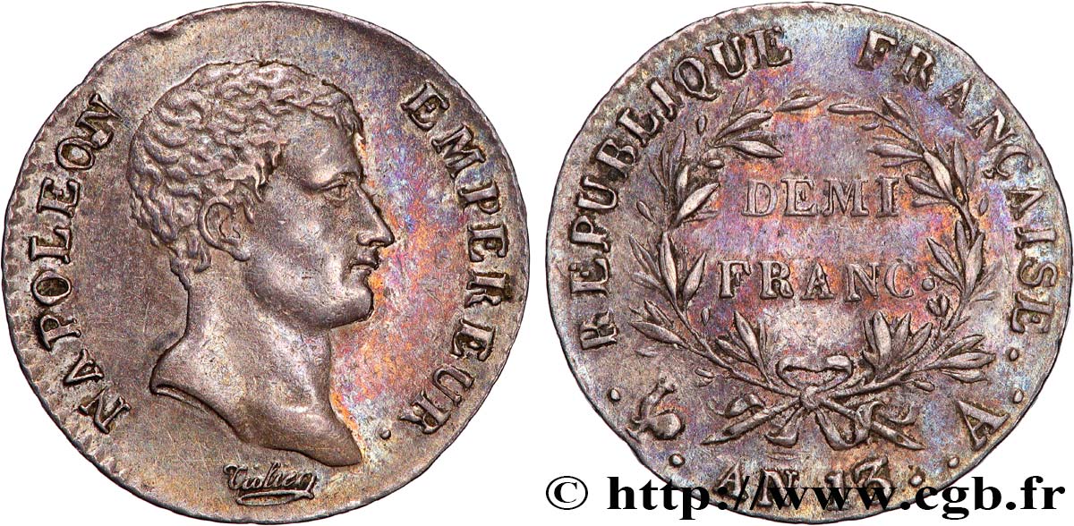 Demi-franc Napoléon Empereur, Calendrier révolutionnaire 1805 Paris F.174/10 SS 