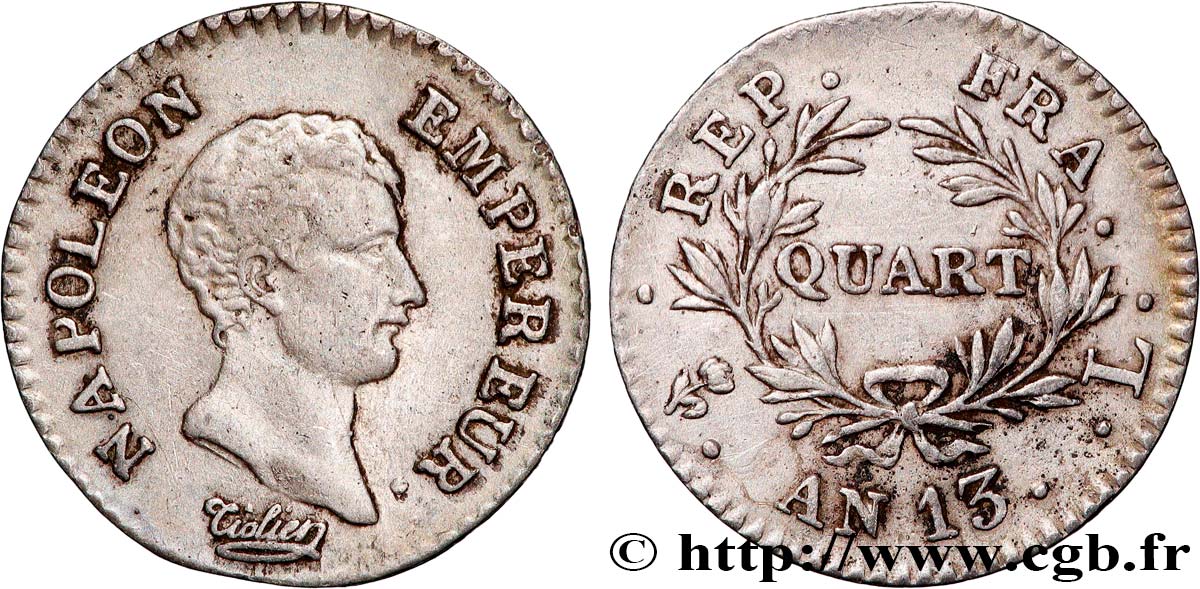 Quart (de franc) Napoléon Empereur, Calendrier révolutionnaire 1805 Bayonne F.158/13 BC+ 