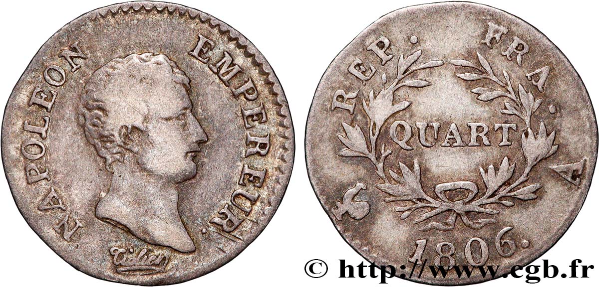 Quart (de franc) Napoléon Empereur, Calendrier grégorien 1806 Paris F.159/1 TB 