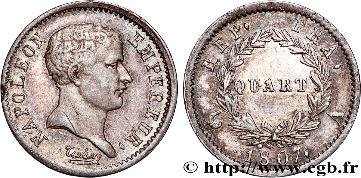 Quart (de franc) Napoléon Empereur, tête de nègre 1807 Paris F.160/1 TTB+ 