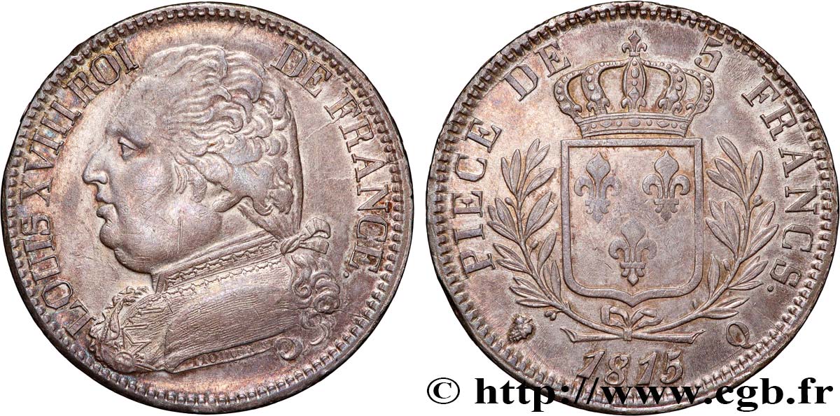 5 francs Louis XVIII, buste habillé 1815 Perpignan F.308/28 TTB 
