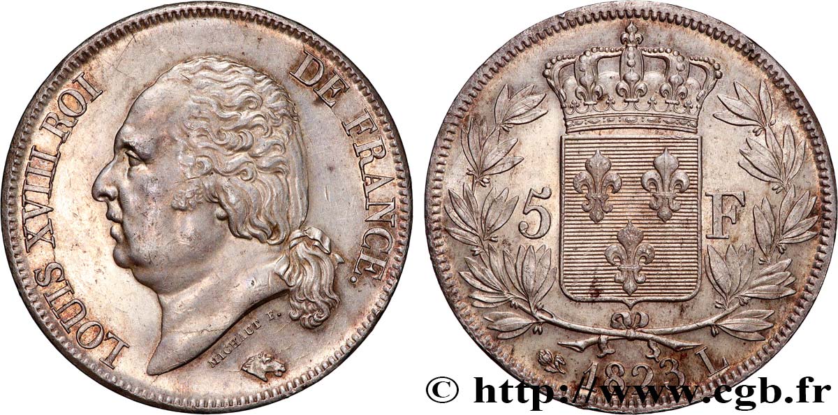 5 francs Louis XVIII, tête nue 1823 Bayonne F.309/83 AU 