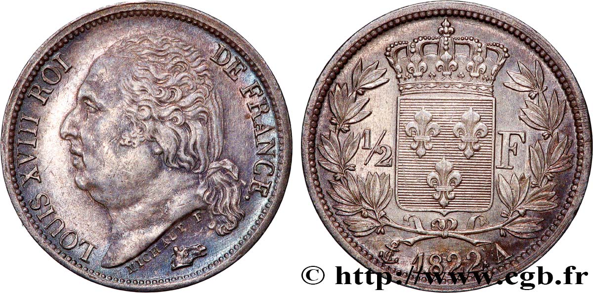 1/2 franc Louis XVIII 1822 Paris F.179/30 AU 