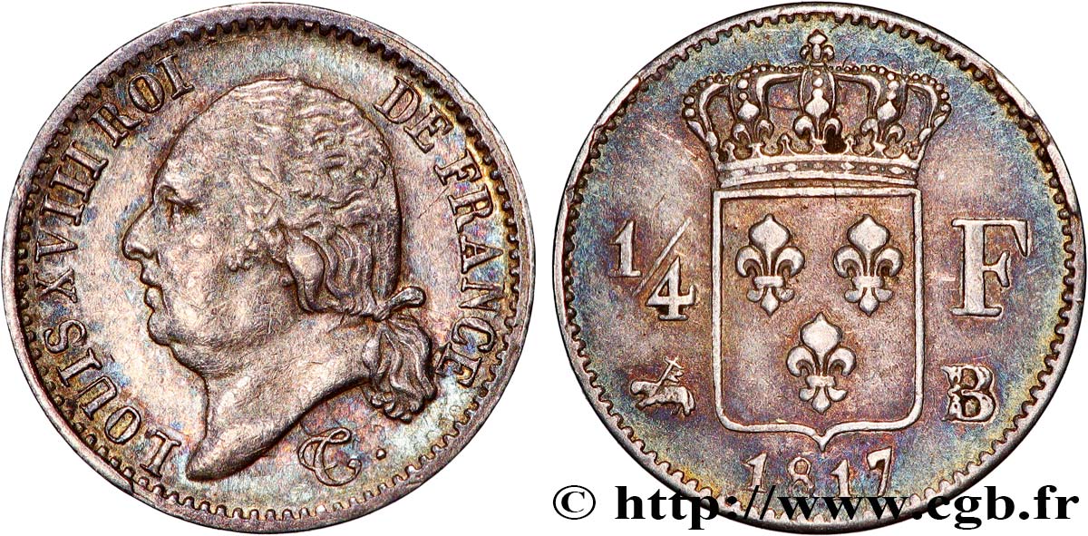 1/4 franc Louis XVIII 1817 Rouen F.163/2 TTB 