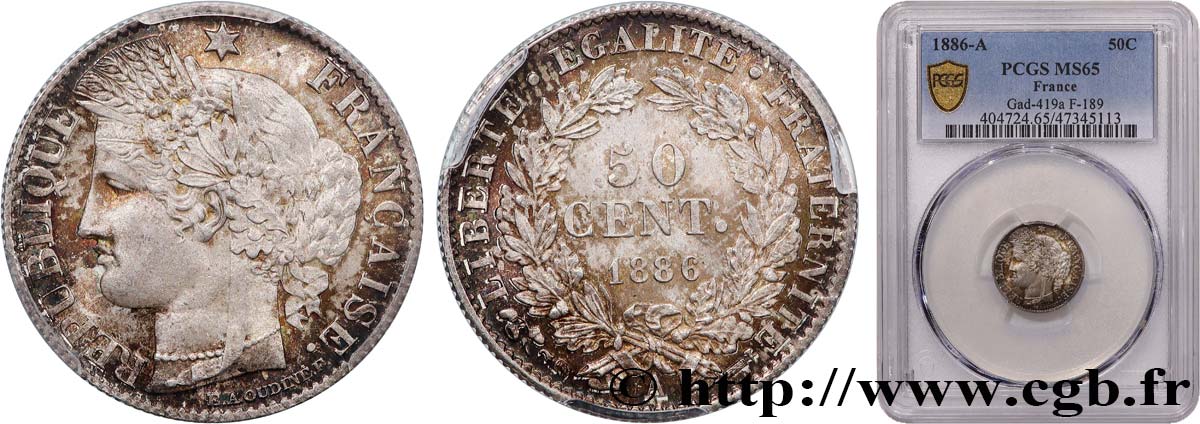 50 centimes Cérès, IIIe République 1886 Paris F.189/11 FDC65 PCGS