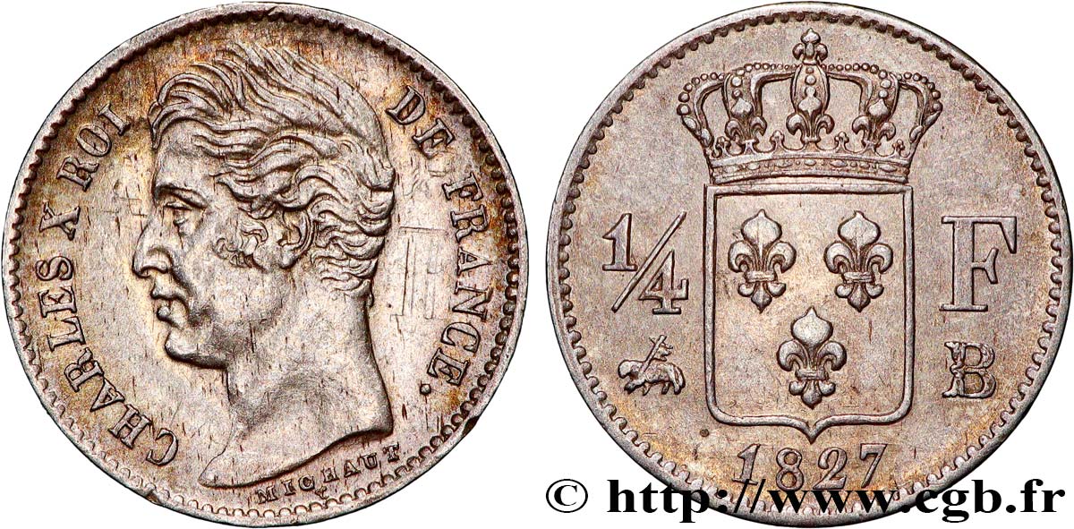 1/4 franc Charles X 1827 Rouen F.164/11 TTB+ 