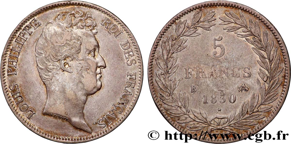 5 francs type Tiolier sans le I, tranche en creux 1830  Rouen F.313/2 TB+ 