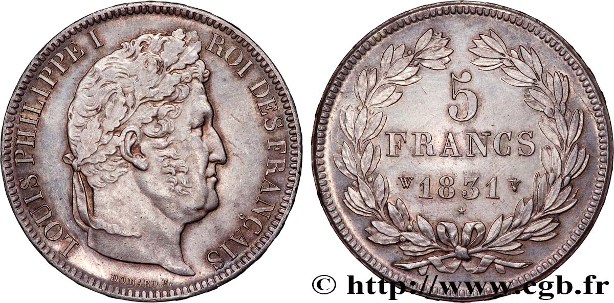 5 francs Ier type Domard, tranche en relief 1831 Lille F.320/13 EBC 