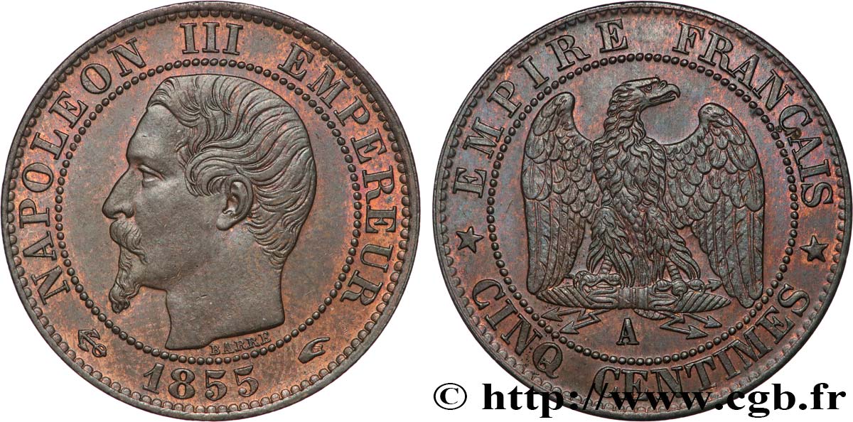 Cinq centimes Napoléon III, tête nue 1855 Paris F.116/17 SPL63 