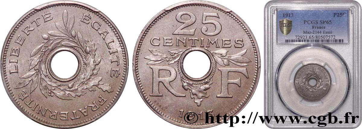 Essai de 25 centimes par Guis, grand module 1913 Paris GEM.71 2 ST65 PCGS