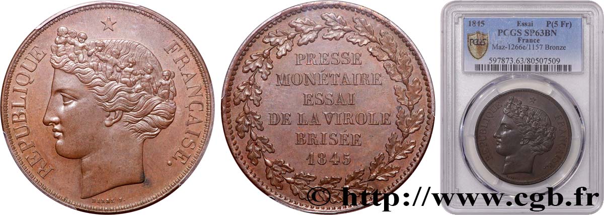 Concours de 5 francs, essai de Barre 1848 Paris VG.3060 var. fST63 PCGS