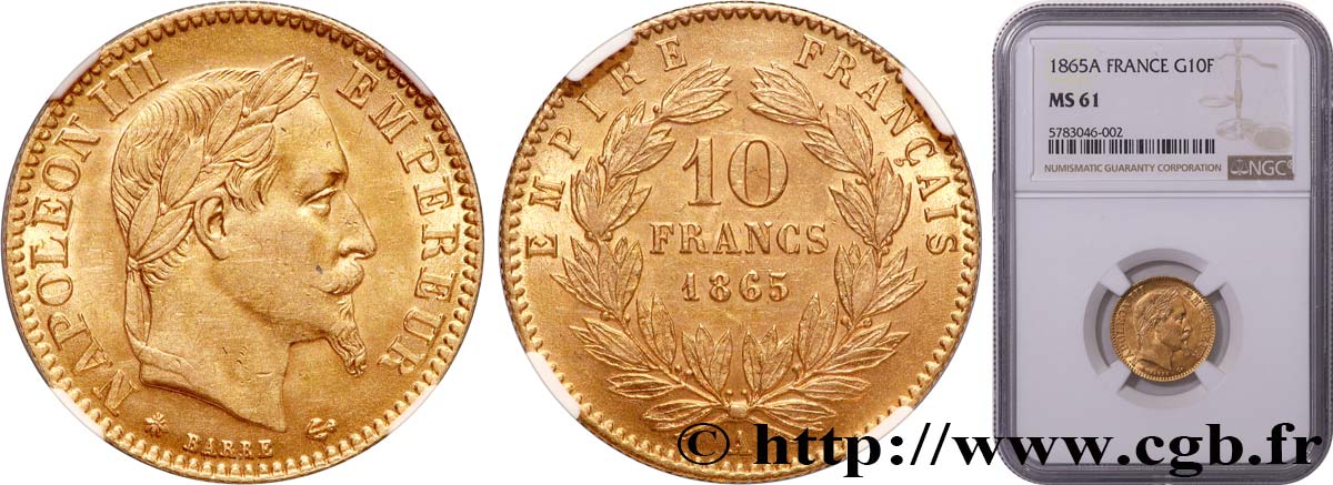 10 francs or Napoléon III, tête laurée 1865 Paris F.507A/9 MS61 NGC