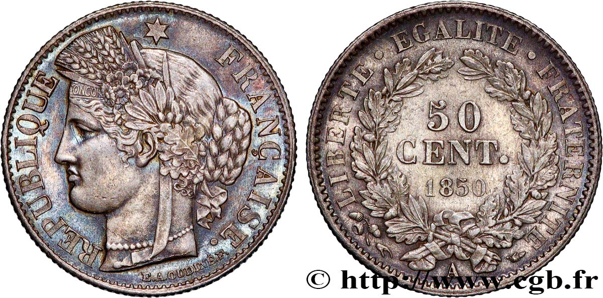 50 centimes Cérès, IIe République 1850 Paris F.184/2 TTB+ 