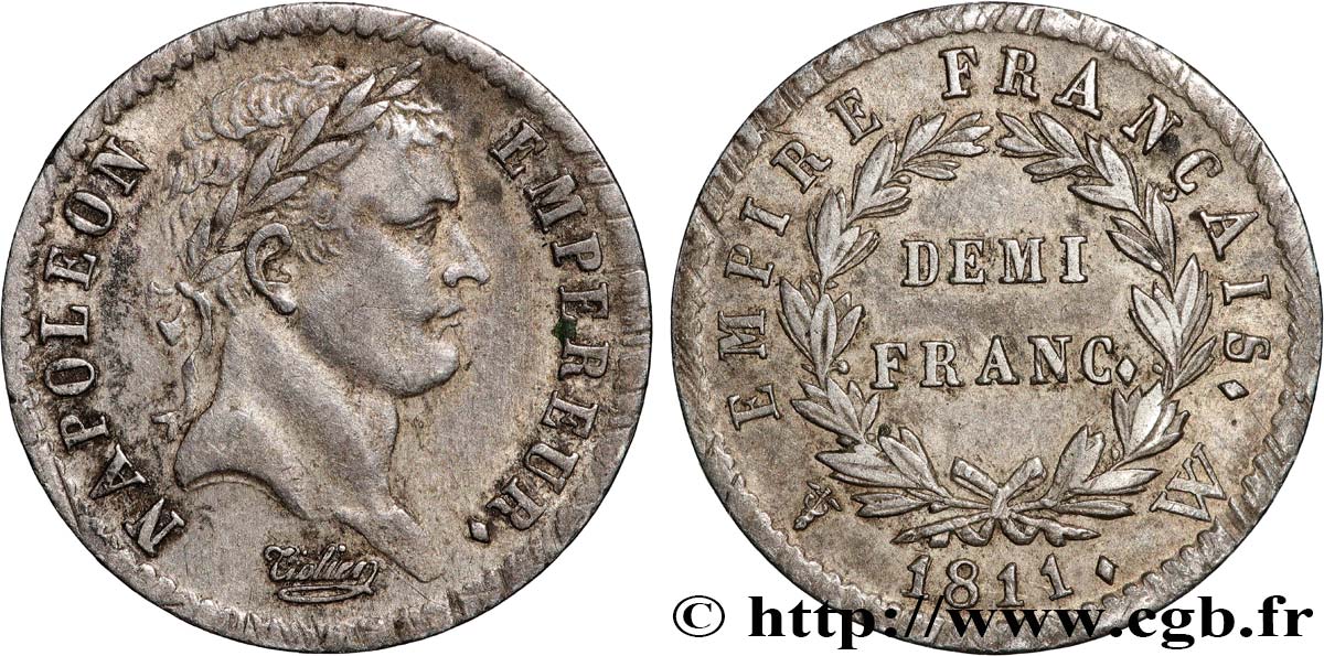 Demi-franc Napoléon Ier tête laurée, Empire français 1811 Lille F.178/34 TTB40 