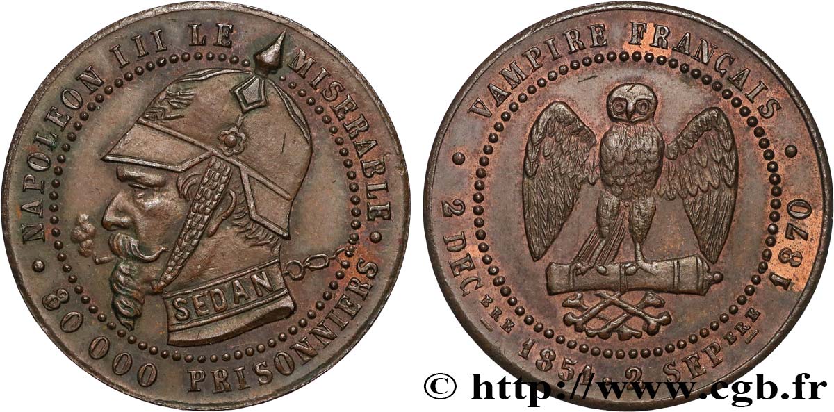 Médaille satirique Cu 25, module de Cinq centimes, type B “Os et Cigarette” 1870  Schw.B3c  VZ 