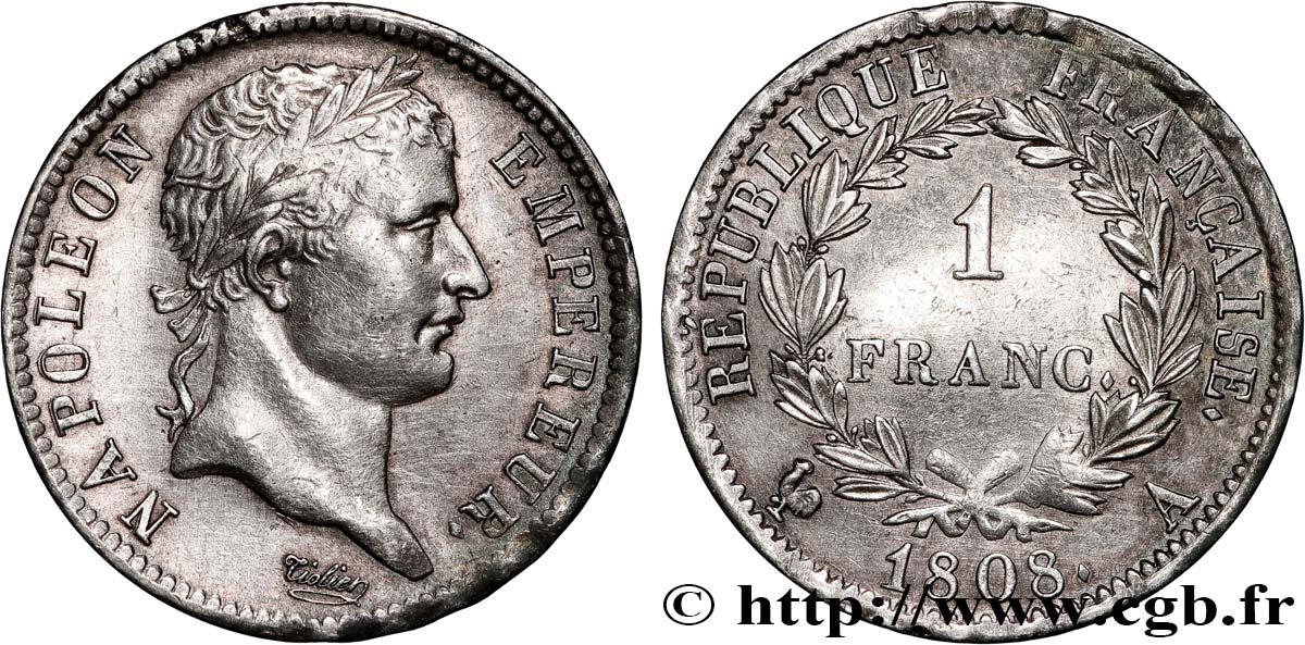 1 franc Napoléon Ier tête laurée, République française 1808 Paris F.204/2 SS 